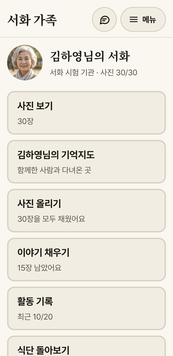 가족 화면 — 김하영님의 서화: 사진 보기, 기억지도, 사진 올리기, 이야기 채우기, 활동 기록, 식단 돌아보기