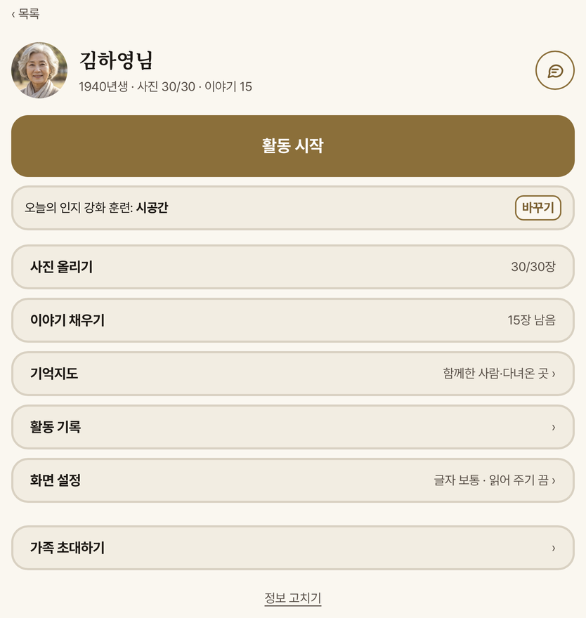 선생님 화면 — 김하영님 카드에 활동 시작 버튼, 오늘의 인지 강화 훈련: 시공간(바꾸기), 사진 올리기 30/30장, 이야기 채우기, 기억지도, 활동 기록, 화면 설정, 가족 초대하기