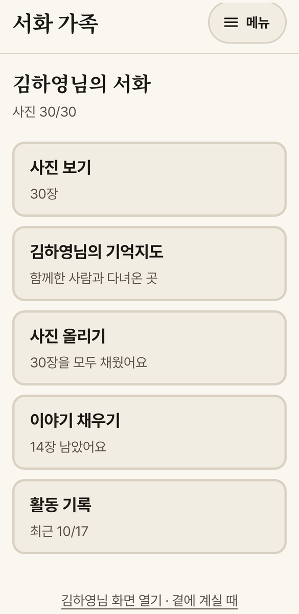 서화 기억돌봄 — 가족 화면. 사진 보기, 기억지도, 사진 올리기, 이야기 채우기, 활동 기록